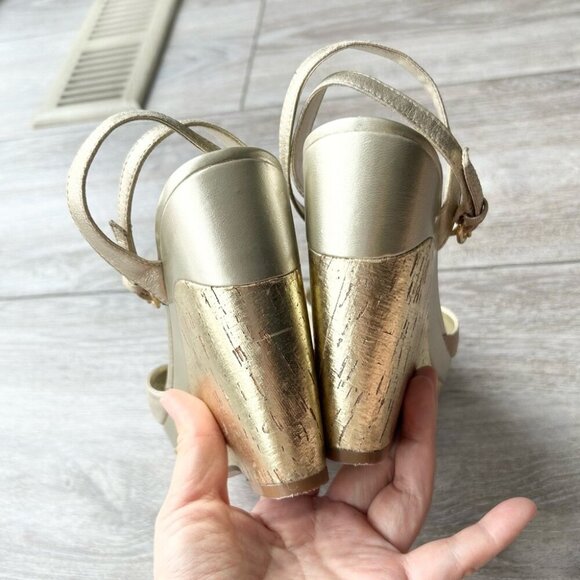 Guess Pewter Metallic Wedge Ankle Strap Peep Toe Heels Shoes Buckle - Picture 5 of 15